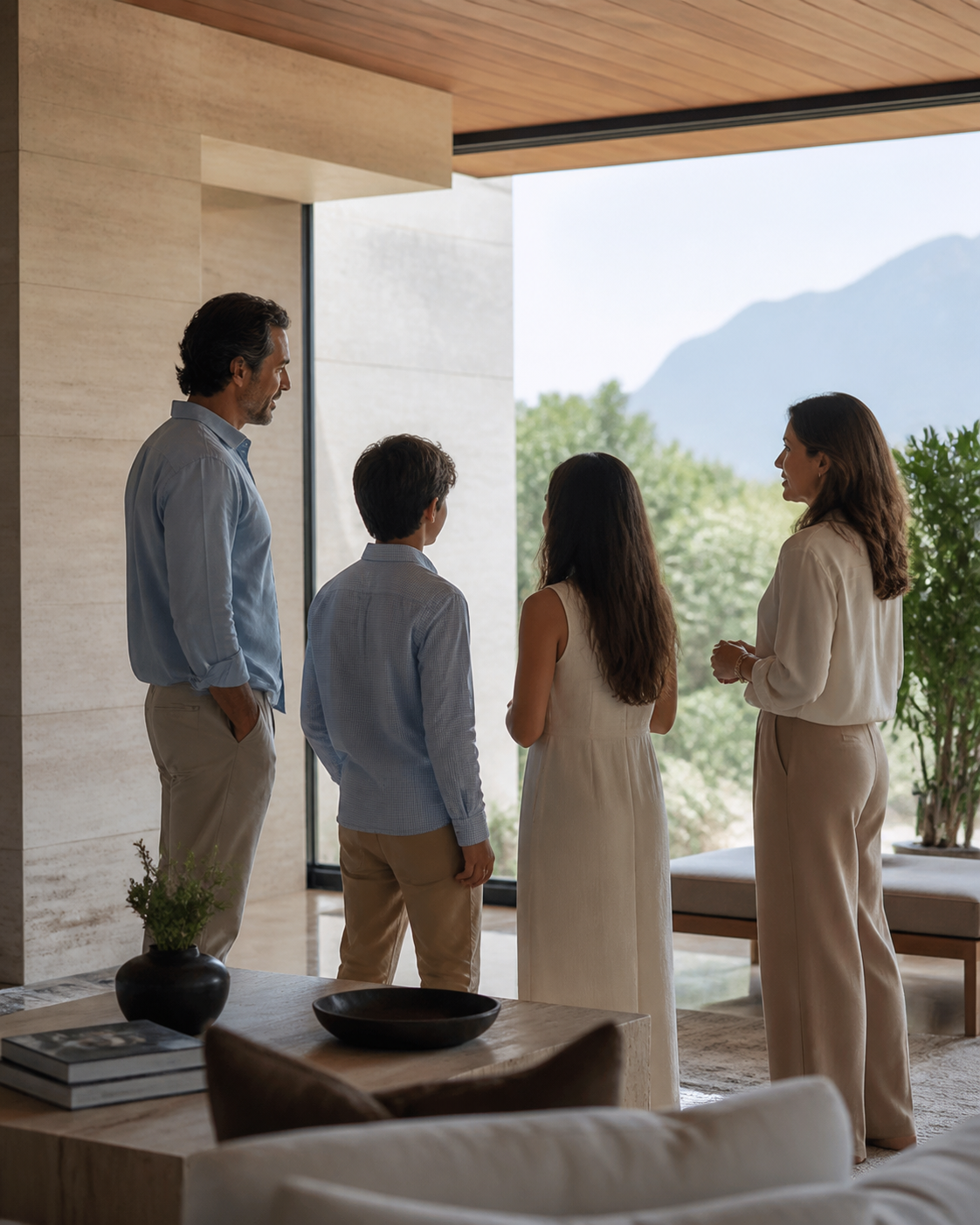 Familia conversando en una residencia contemporánea junto a una ventana